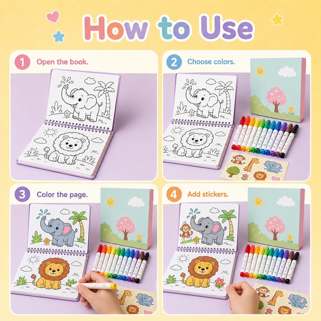 Kids Coloring Book Toy Set with Washable Markers, Fun Animal Pages & Cute Stickers