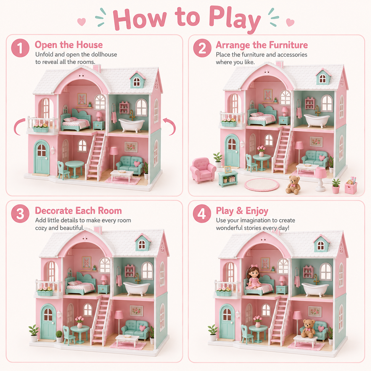 Pastel Dollhouse Playset – 2-Story Mini Toy House with Furniture, Accessories & Open-Front Room Design