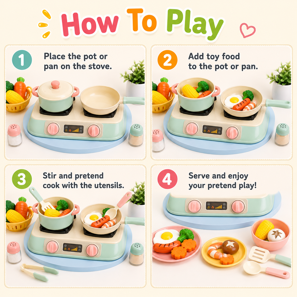 Pretend Cooking Toy Set – Colorful Play Kitchen Stove with Pot, Pan, Toy Food & Utensils