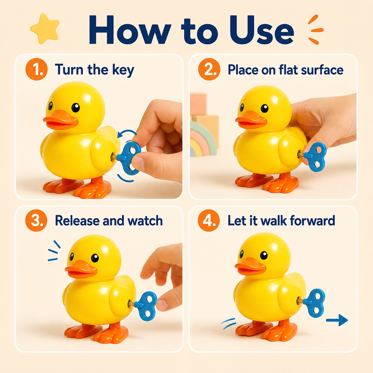 Wind-Up Duck Toy – Cute Clockwork Walking Duck with Easy-Twist Key for Kids’ Playtime