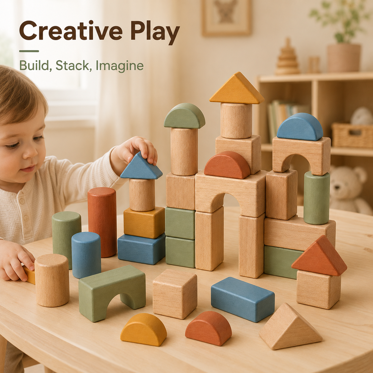 Wooden Building Block Set – Colorful 28-Piece Creative Stacking Toy for Open-Ended Play