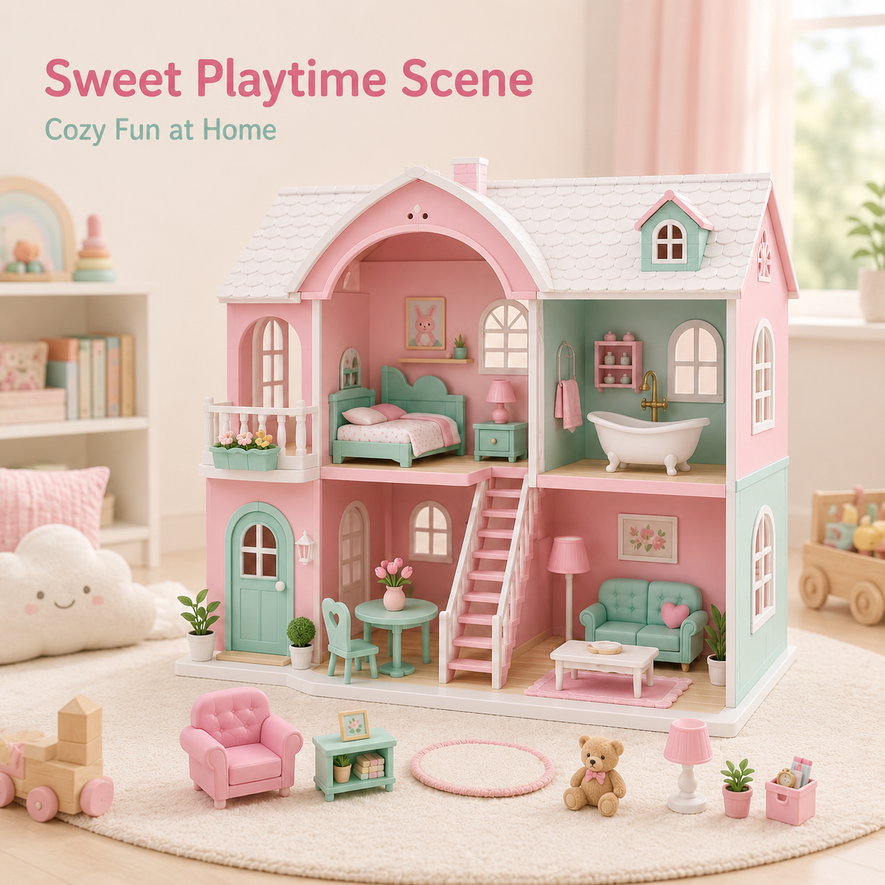Pastel Dollhouse Playset – 2-Story Mini Toy House with Furniture, Accessories & Open-Front Room Design