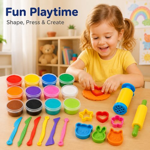 Colorful Clay Toy Set – 12 Bright Colors with Sculpting Tools, Rolling Pin & Fun Shape Molds