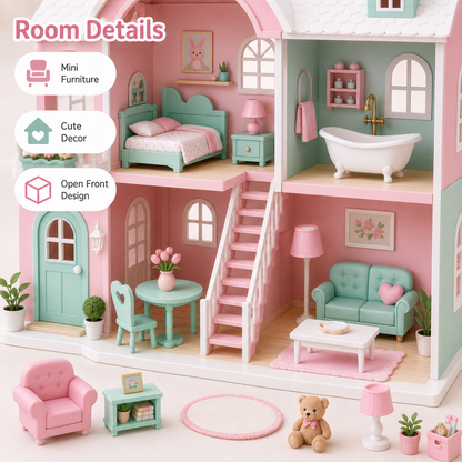 Pastel Dollhouse Playset – 2-Story Mini Toy House with Furniture, Accessories & Open-Front Room Design
