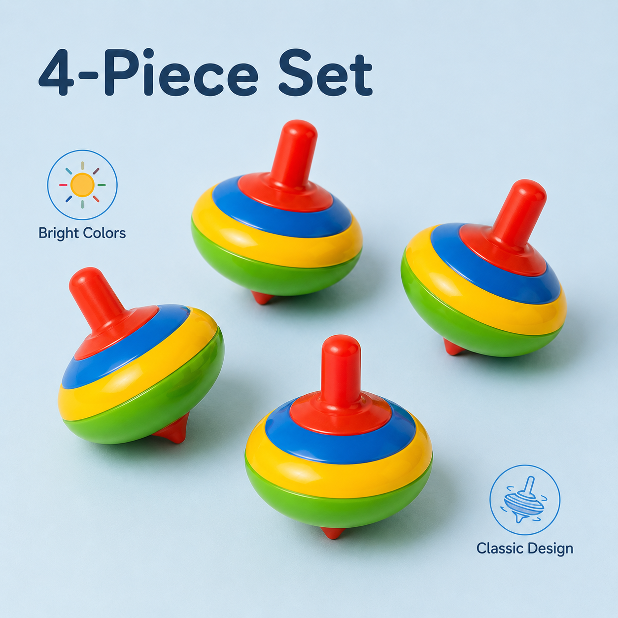 Colorful Spinning Top Toy Set – 4-Piece Classic Twist-and-Spin Play Toy with Easy-Grip Stem, Bright Colors & Smooth Rounded Design