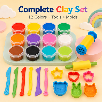 Colorful Clay Toy Set – 12 Bright Colors with Sculpting Tools, Rolling Pin & Fun Shape Molds