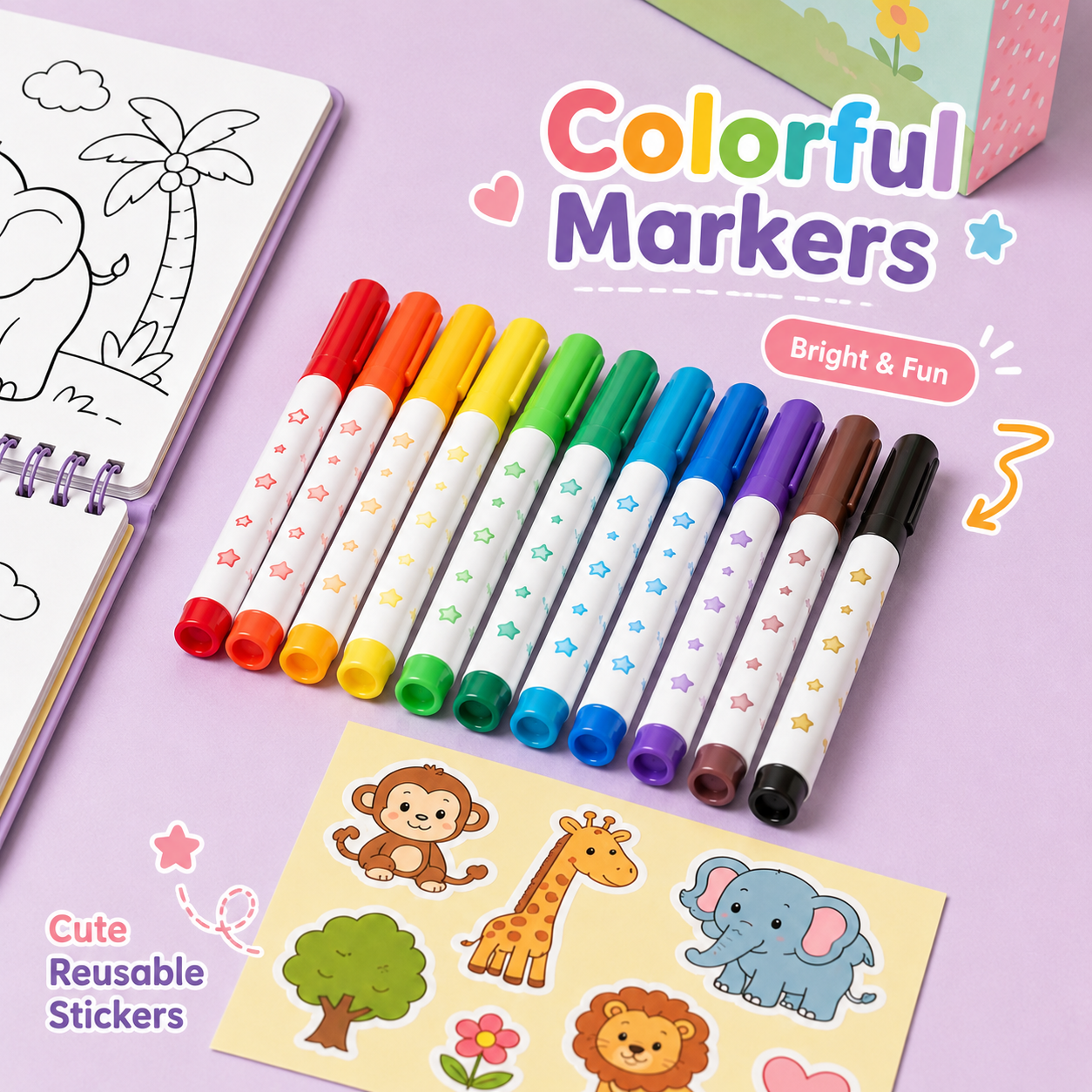Kids Coloring Book Toy Set with Washable Markers, Fun Animal Pages & Cute Stickers