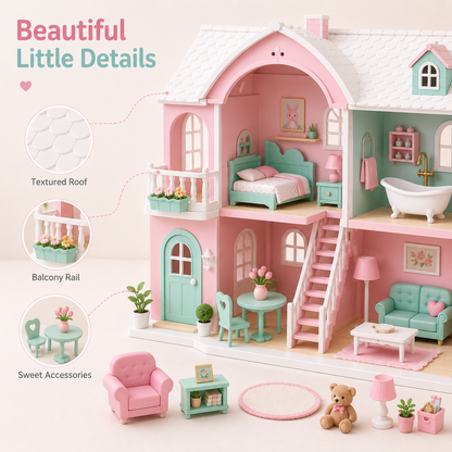 Pastel Dollhouse Playset – 2-Story Mini Toy House with Furniture, Accessories & Open-Front Room Design