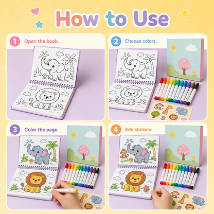 Kids Coloring Book Toy Set with Washable Markers, Fun Animal Pages & Cute Stickers