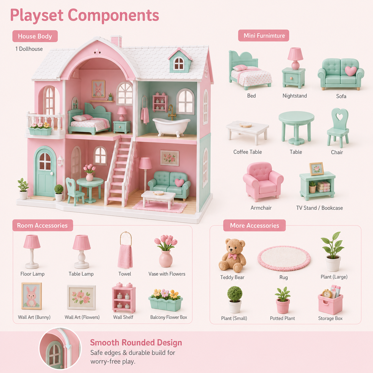 Pastel Dollhouse Playset – 2-Story Mini Toy House with Furniture, Accessories & Open-Front Room Design