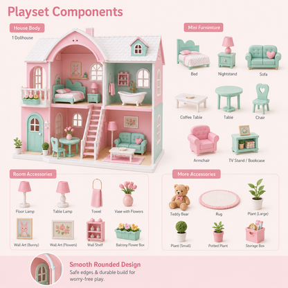 Pastel Dollhouse Playset – 2-Story Mini Toy House with Furniture, Accessories & Open-Front Room Design
