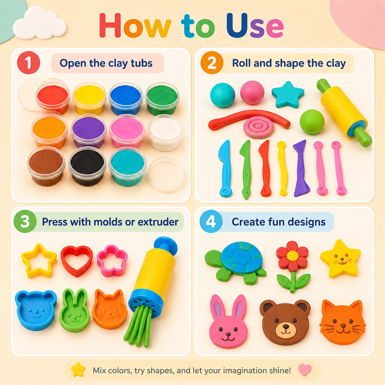 Colorful Clay Toy Set – 12 Bright Colors with Sculpting Tools, Rolling Pin & Fun Shape Molds