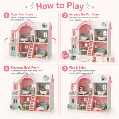 Pastel Dollhouse Playset – 2-Story Mini Toy House with Furniture, Accessories & Open-Front Room Design