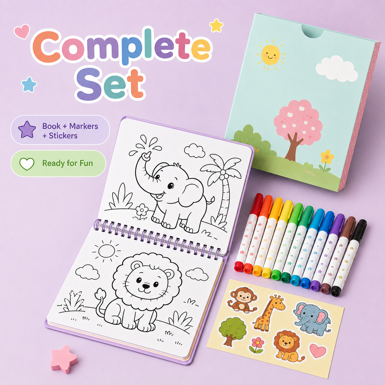 Kids Coloring Book Toy Set with Washable Markers, Fun Animal Pages & Cute Stickers