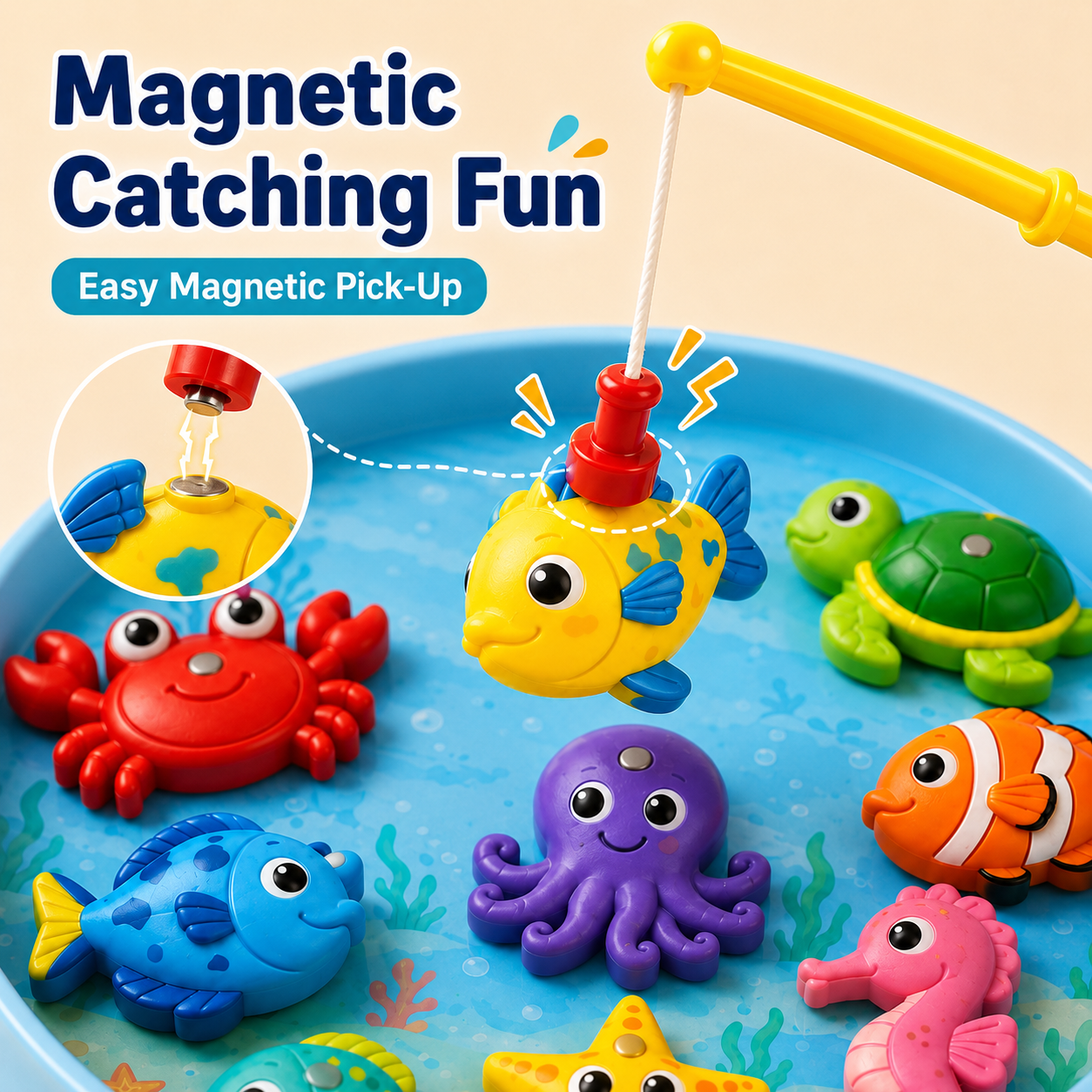 Magnetic Fishing Toy Set – Colorful Sea Animal Catching Game with Fishing Rods, Tray & Net