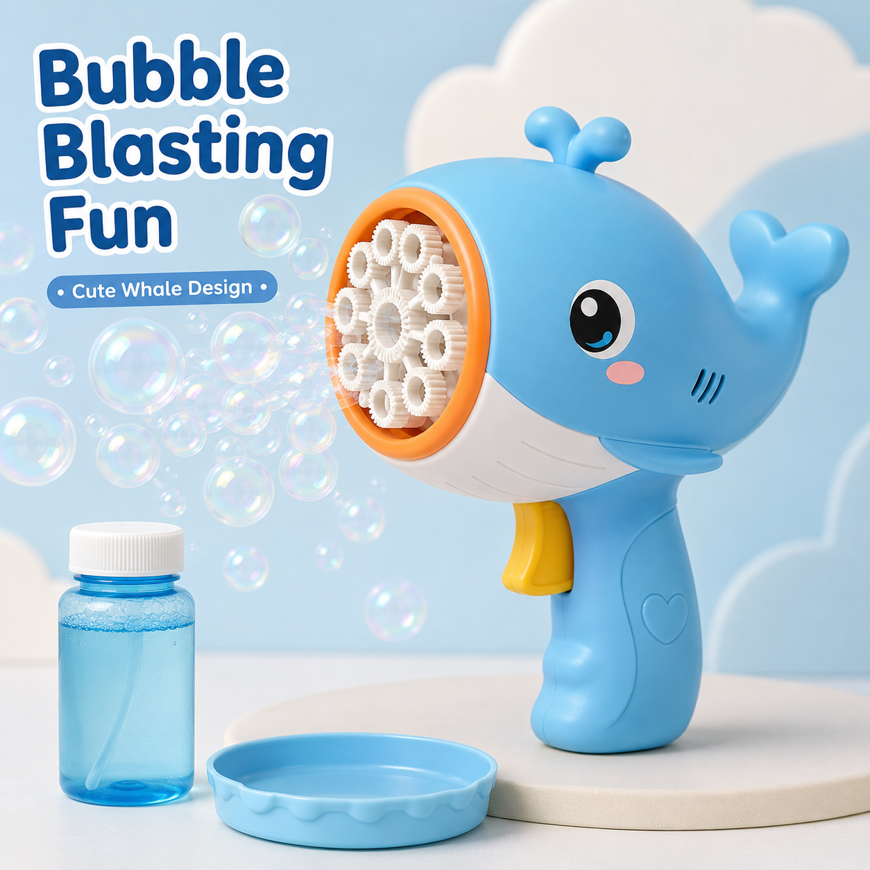Whale Bubble Blower Toy – Cute Bubble Machine Set with Multi-Hole Outlet, Solution Bottle & Tray