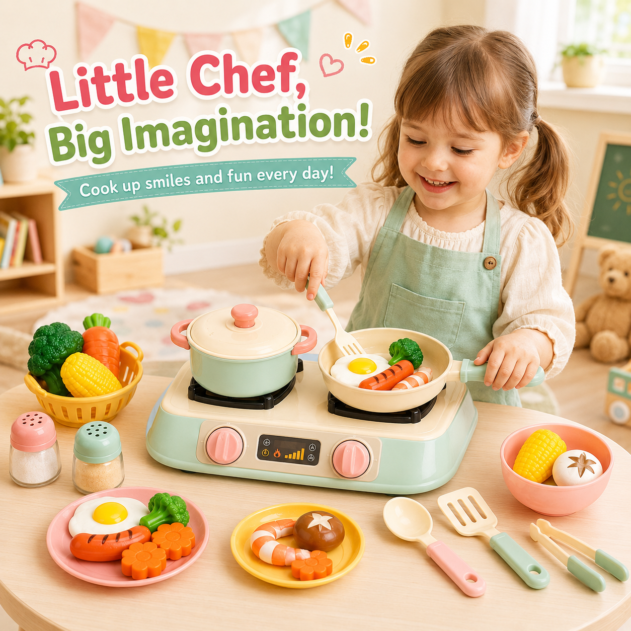 Pretend Cooking Toy Set – Colorful Play Kitchen Stove with Pot, Pan, Toy Food & Utensils