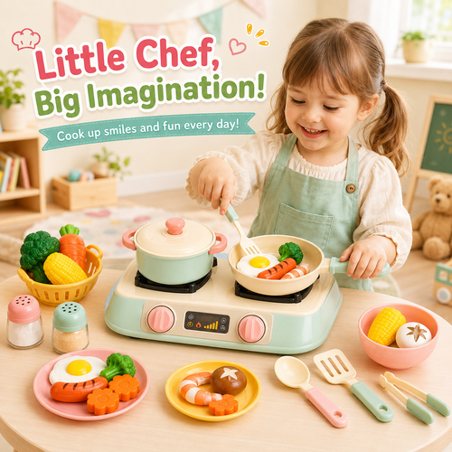 Pretend Cooking Toy Set – Colorful Play Kitchen Stove with Pot, Pan, Toy Food & Utensils