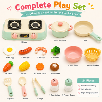 Pretend Cooking Toy Set – Colorful Play Kitchen Stove with Pot, Pan, Toy Food & Utensils