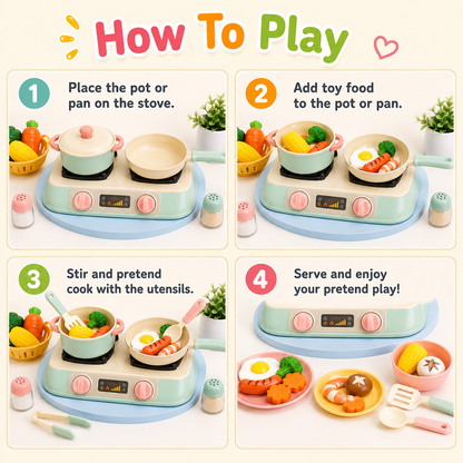 Pretend Cooking Toy Set – Colorful Play Kitchen Stove with Pot, Pan, Toy Food & Utensils