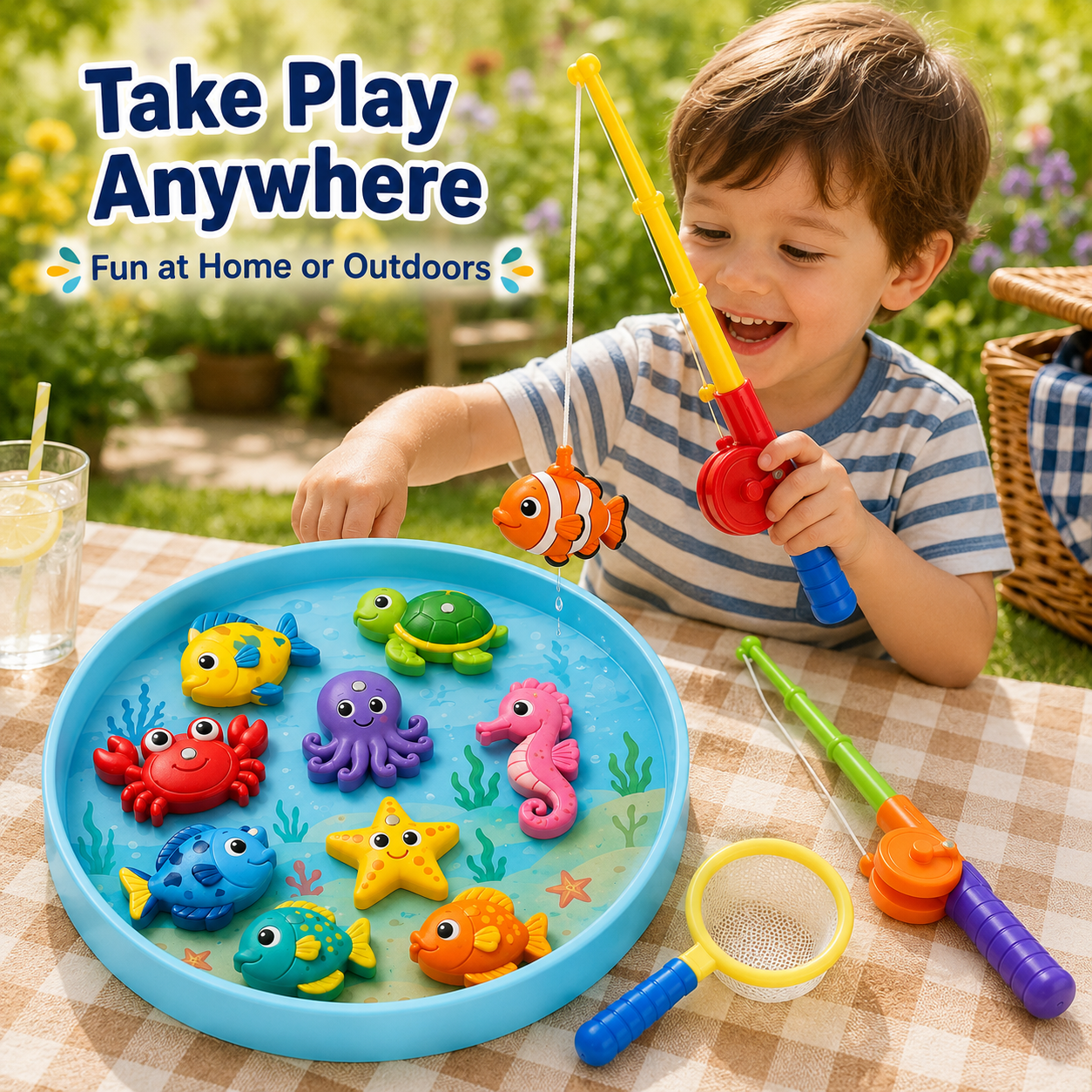 Magnetic Fishing Toy Set – Colorful Sea Animal Catching Game with Fishing Rods, Tray & Net