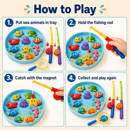 Magnetic Fishing Toy Set – Colorful Sea Animal Catching Game with Fishing Rods, Tray & Net