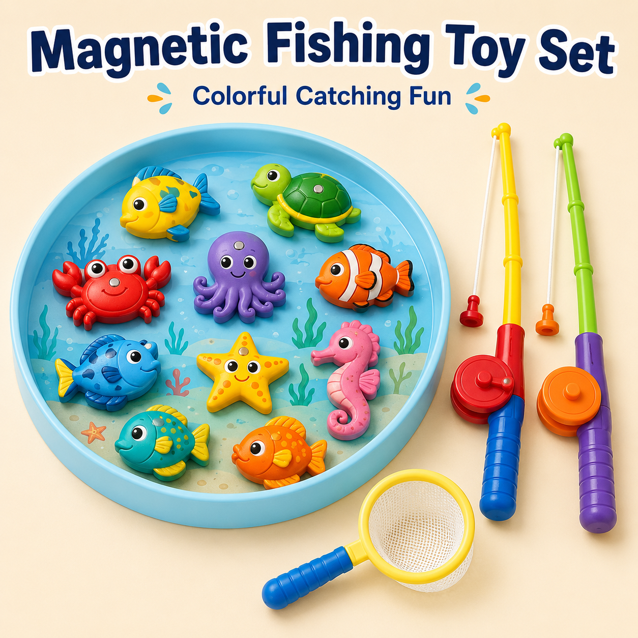 Magnetic Fishing Toy Set – Colorful Sea Animal Catching Game with Fishing Rods, Tray & Net