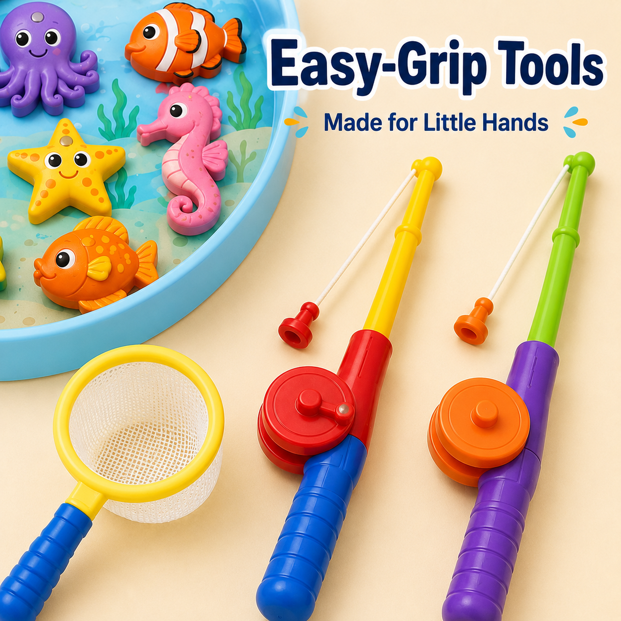 Magnetic Fishing Toy Set – Colorful Sea Animal Catching Game with Fishing Rods, Tray & Net